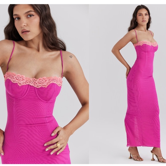 HOUSE OF CB XS D-DD 'Aiza' Raspberry Lace Trimmed Maxi Dress NWOT - Picture 16 of 17